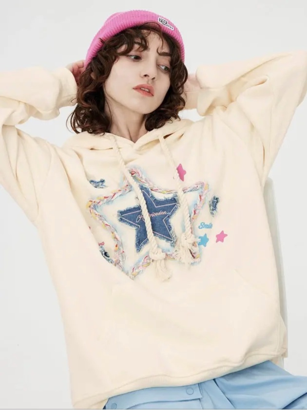 Aelfric Eden Cozy Oversized Embroidered Denim Patchwork Hooded Sweatshirt Pink L